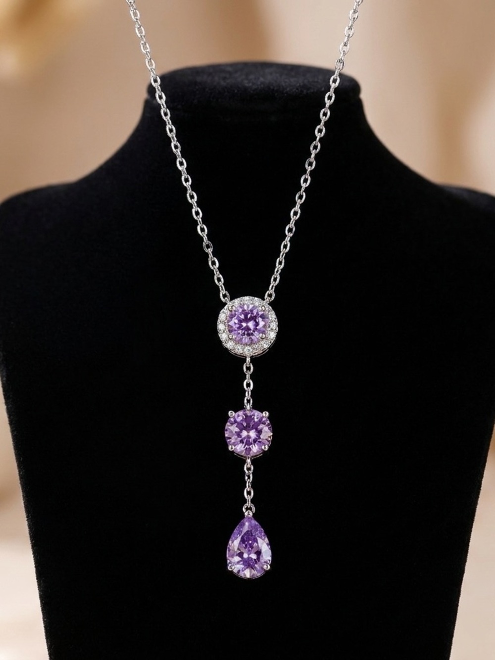 Lavender Purple Triple Drop Y-Necklace – Silver Tone